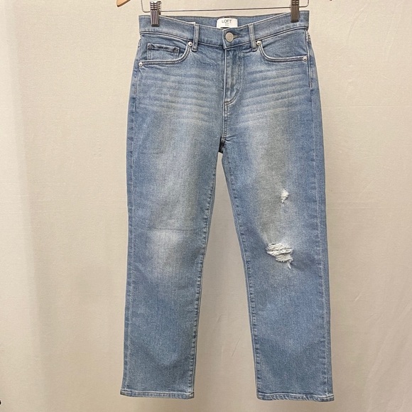 LOFT Outlet 0P Straight Jeans Women’s Distressed Stretch Light Wash Crop - Picture 13 of 15